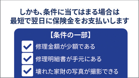 しかも、条件に当てはまる場合は最短で翌日に保険金をお支払いします